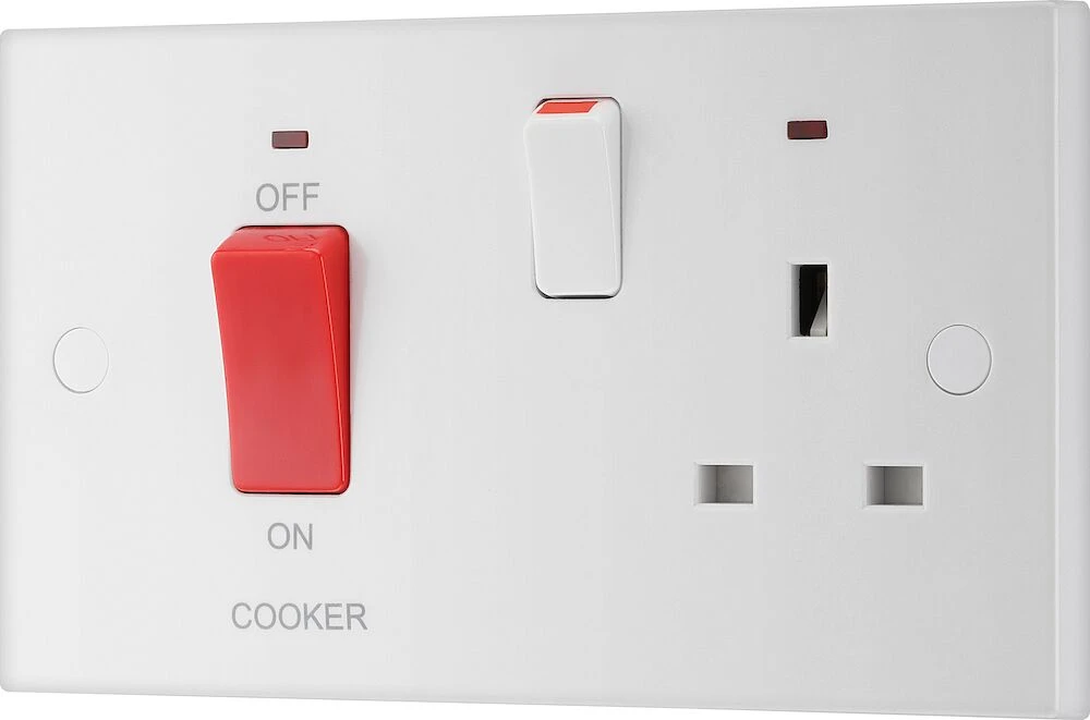 BG White Moulded Square Edge 45A Cooker Control Unit with 13A Socket And LED Indicators