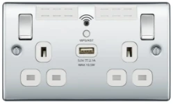 BG Nexus Metal Polished Chrome, 13A Double Switched Socket with Wi-Fi Extender, White Inserts