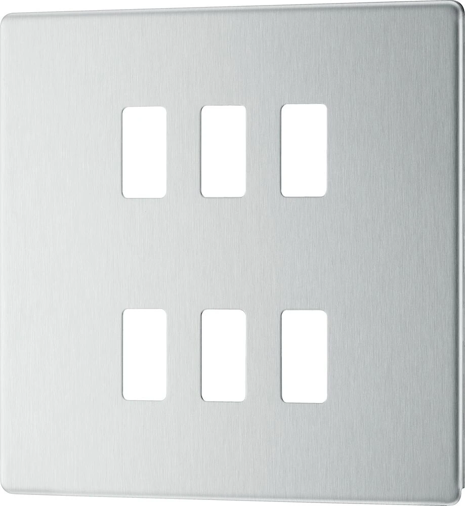 BG Grid Screwless Flatplate Square Front Plate 6 Module, Brushed Steel