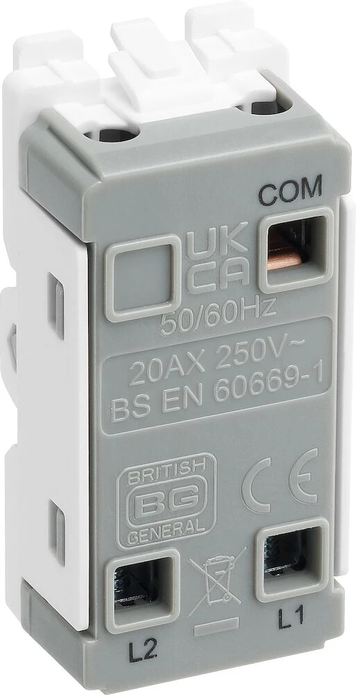 BG Grid 20A Secret Key Switch Module 2 Way, Single Pole, Printed EMG LTG TEST, White