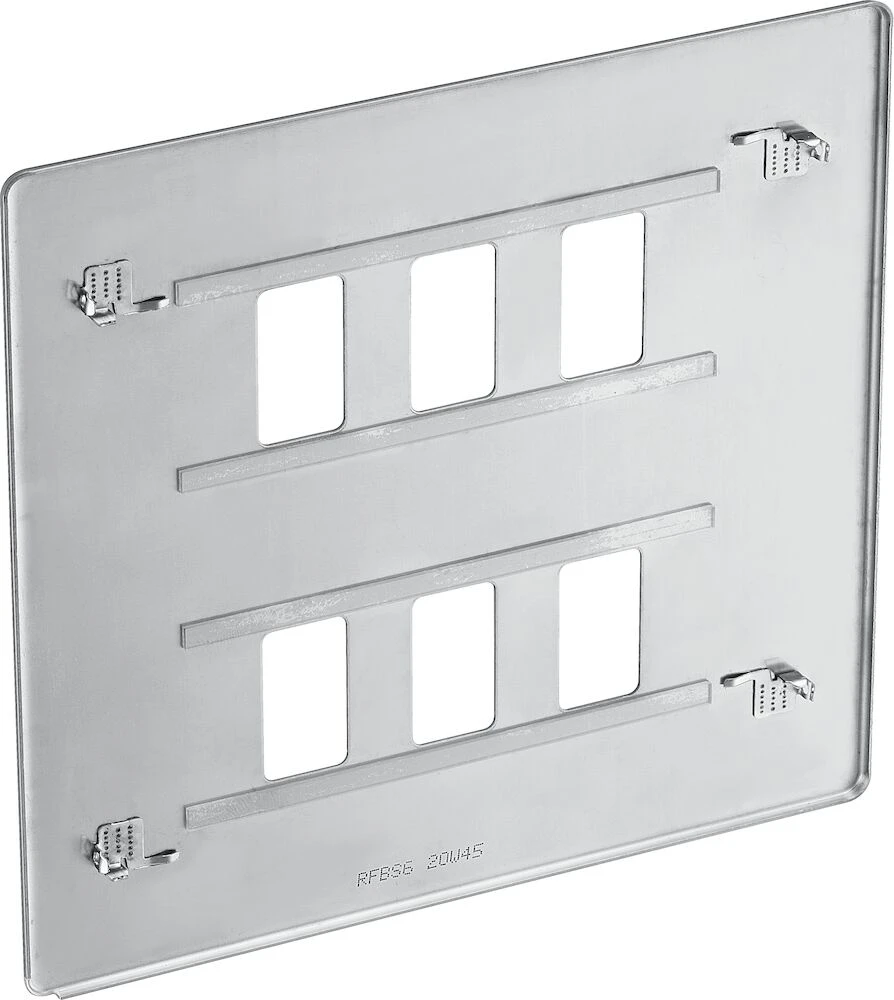 BG Grid Screwless Flatplate Square Front Plate 6 Module, Brushed Steel