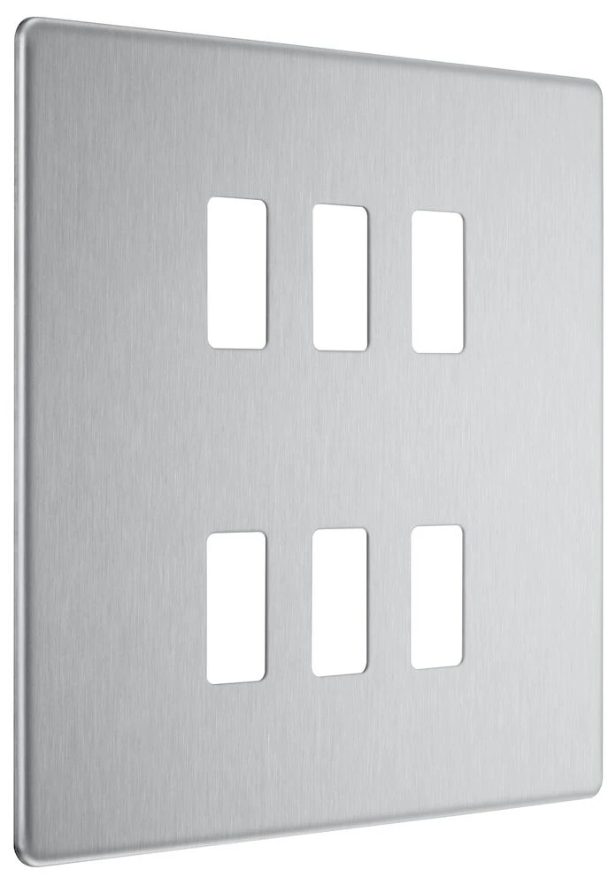 BG Grid Screwless Flatplate Square Front Plate 6 Module, Brushed Steel