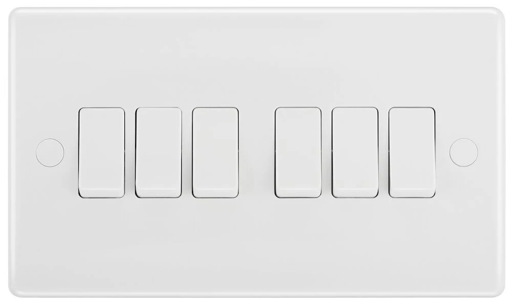 BG Nexus Series White Moulded 20A 16AX 6 Gang Switch 2 Way