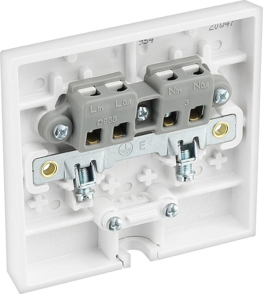 BG White Moulded Square Edge 25A Single Flex Outlet Plate Bottom Entry