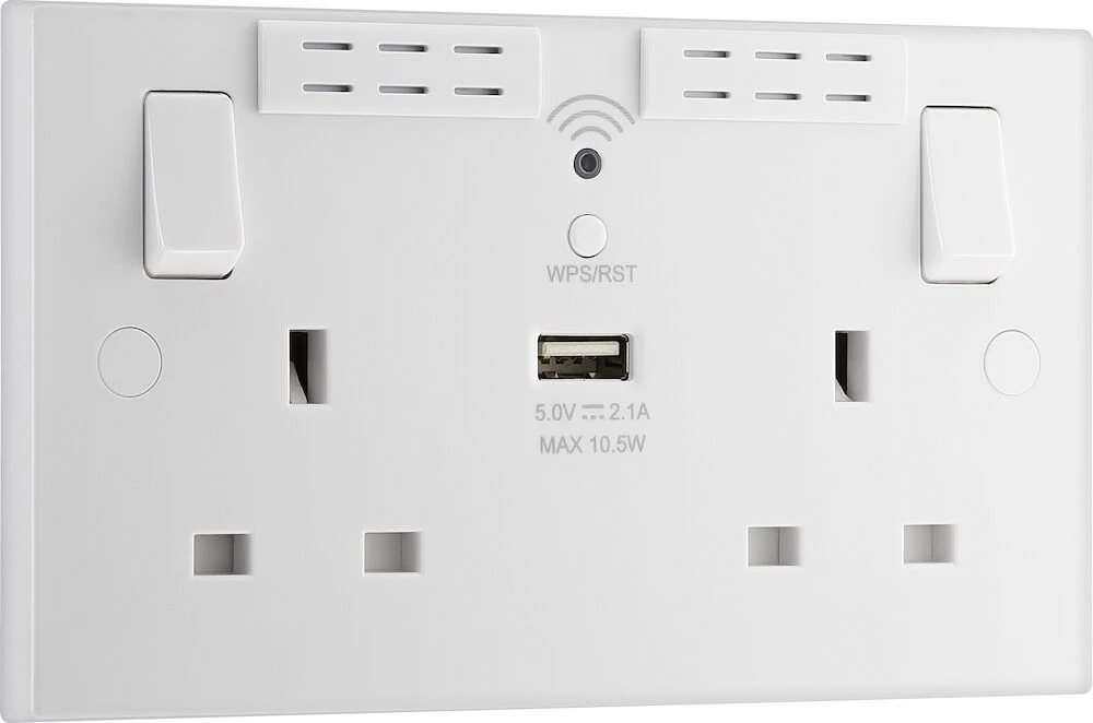 BG White Moulded Square Edge 13A Double Switched Socket with Wi-Fi Extender and USB