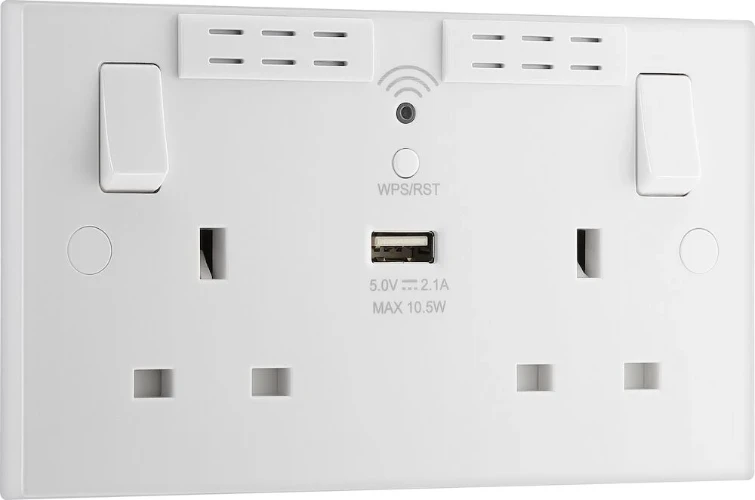 BG White Moulded Square Edge 13A Double Switched Socket with Wi-Fi Extender and USB
