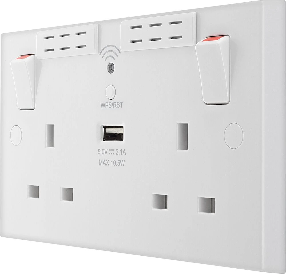 BG White Moulded Square Edge 13A Double Switched Socket with Wi-Fi Extender and USB