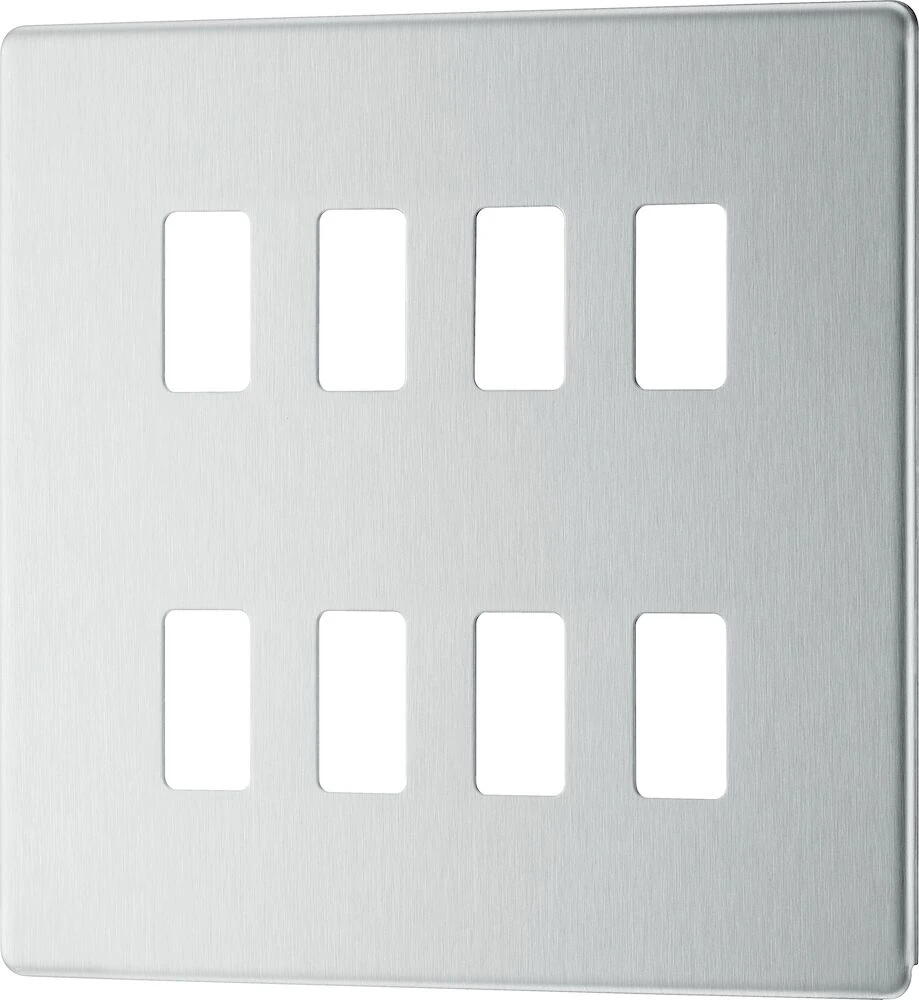 BG Grid Screwless Flatplate Square Front Plate 8 Module, Brushed Steel
