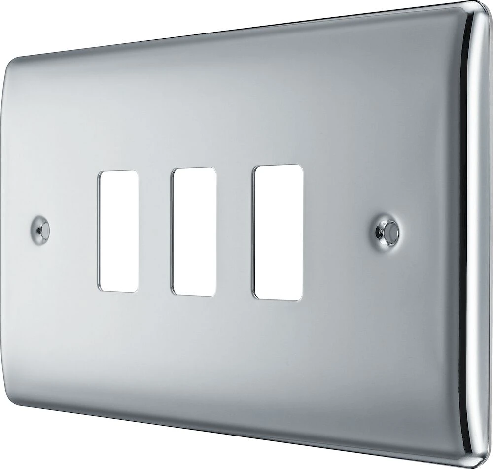 BG Grid Nexus Metal Rectangular Front Plate 3 Module, Polished Chrome