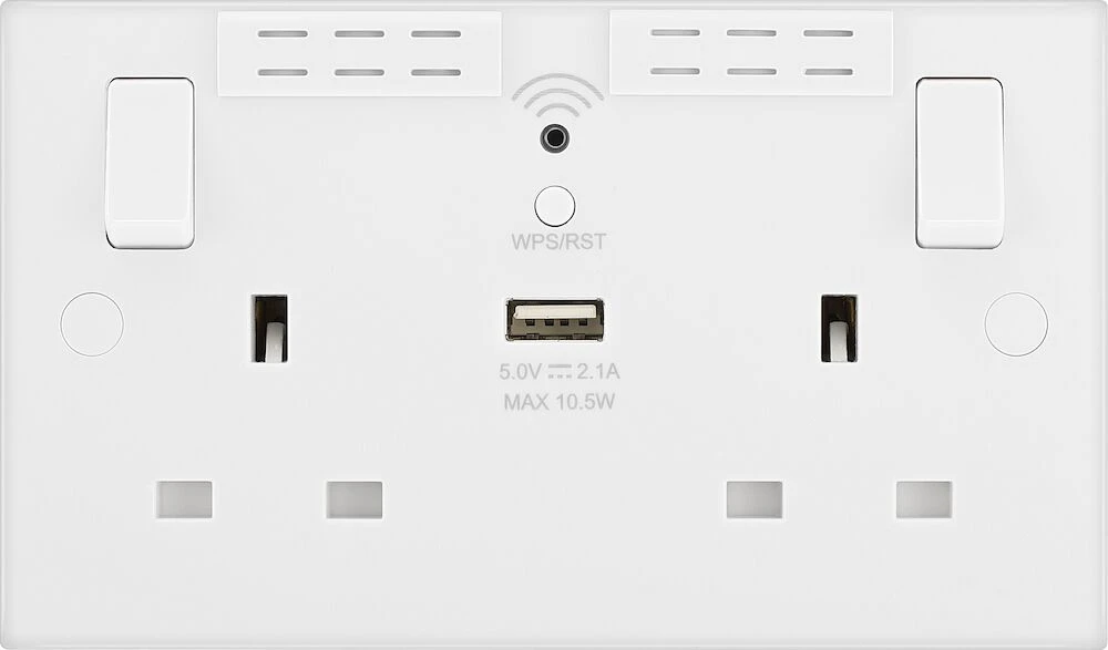 BG White Moulded Square Edge 13A Double Switched Socket with Wi-Fi Extender and USB