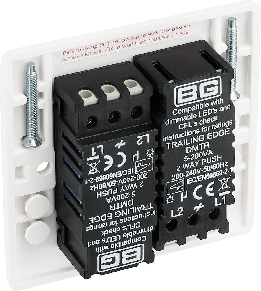 BG Nexus Series White Moulded Double Dimmer Switch 2 Way, Trailing Edge 200W