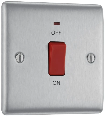 BG Nexus Metal Brushed Steel, 45A Square Plate Double Pole Switch With LED Indicator
