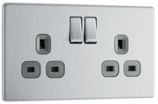 BG Screwless Flat plate Brushed Steel, 13A Double Switched Socket, Grey Inserts
