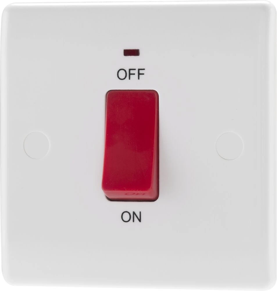 BG Nexus Series White Moulded 45A Square Plate Double Pole Switch With LED Indicator