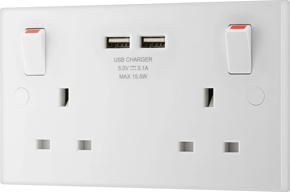 BG White Moulded Square Edge 13A Double Switched Socket with 2 x USB A (3.1A)
