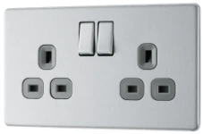 BG Screwless Flat plate Brushed Steel, 13A Double Switched Socket, Grey Inserts