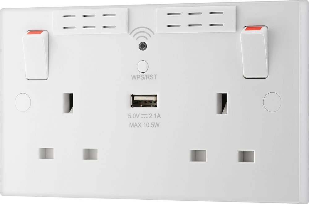 BG White Moulded Square Edge 13A Double Switched Socket with Wi-Fi Extender and USB