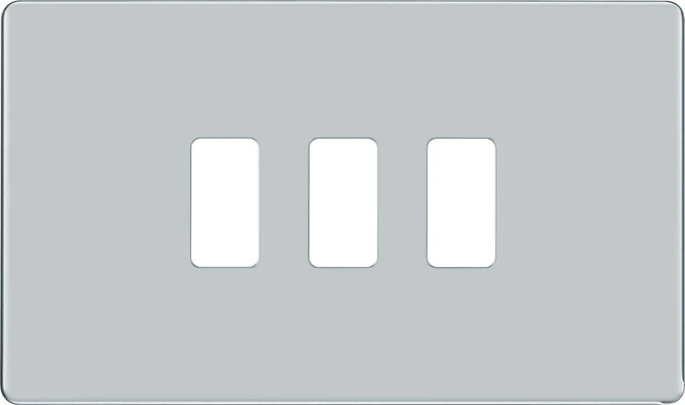 BG Grid Screwless Flatplate Rectangular Front Plate 3 Module, Polished Chrome