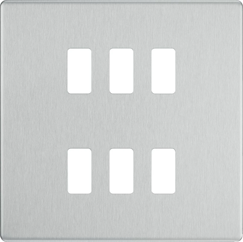 BG Grid Screwless Flatplate Square Front Plate 6 Module, Brushed Steel