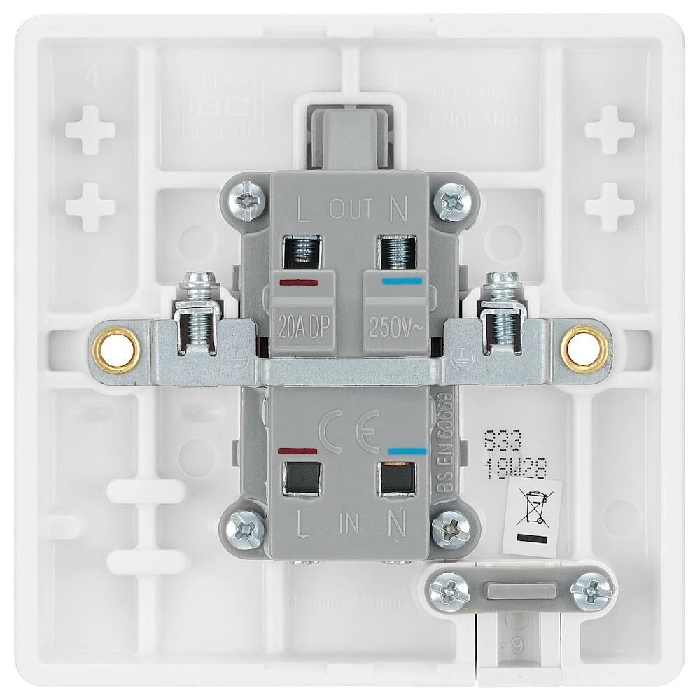 BG Nexus Series White Moulded 20A Double Pole Switch With LED Indicator And Flex Outlet