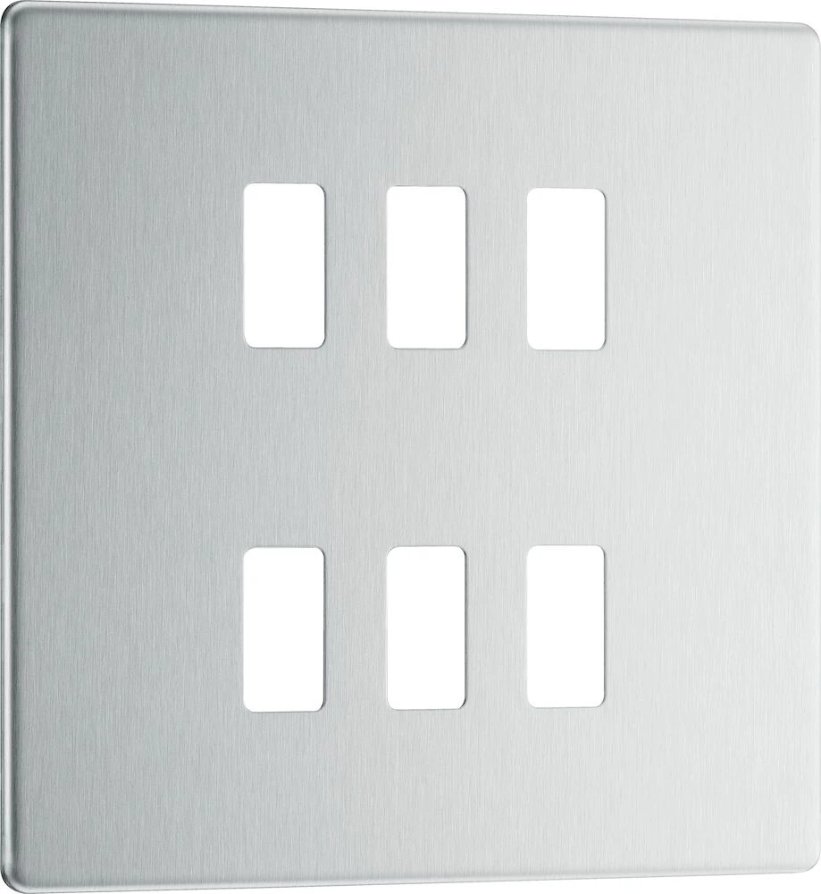 BG Grid Screwless Flatplate Square Front Plate 6 Module, Brushed Steel