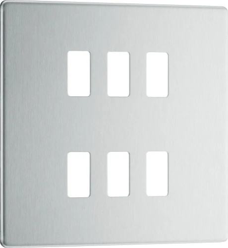 BG Grid Screwless Flatplate Square Front Plate 6 Module, Brushed Steel