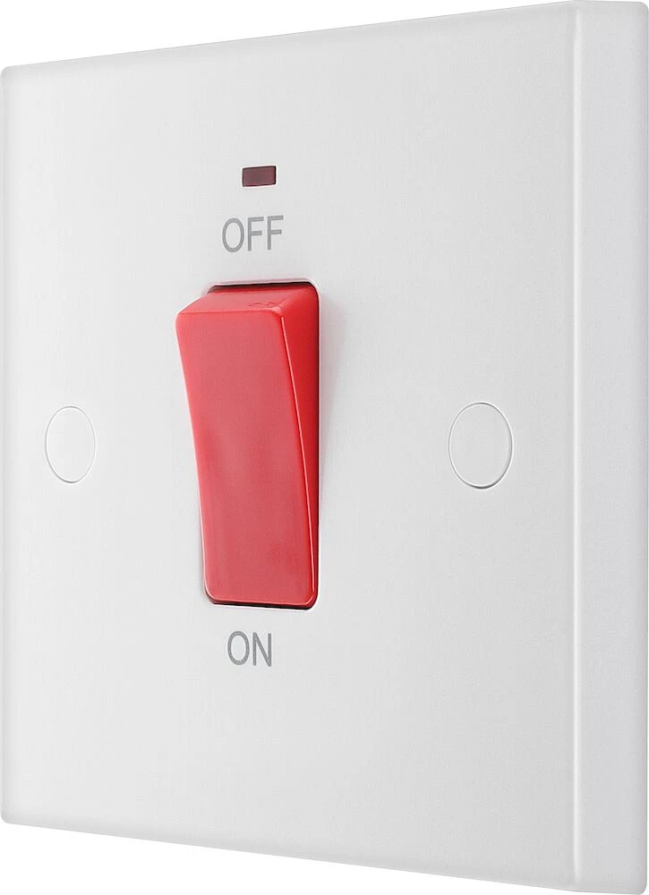 BG White Moulded Square Edge 45A Square Plate Double Pole Switch with LED Indicator