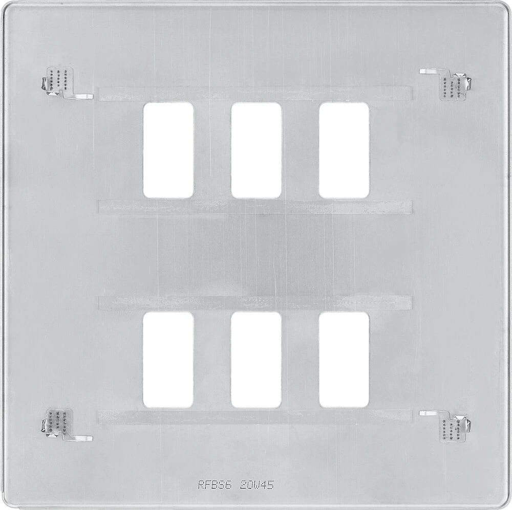 BG Grid Screwless Flatplate Square Front Plate 6 Module, Brushed Steel