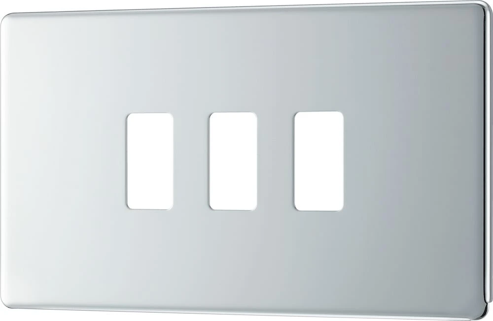 BG Grid Screwless Flatplate Rectangular Front Plate 3 Module, Polished Chrome
