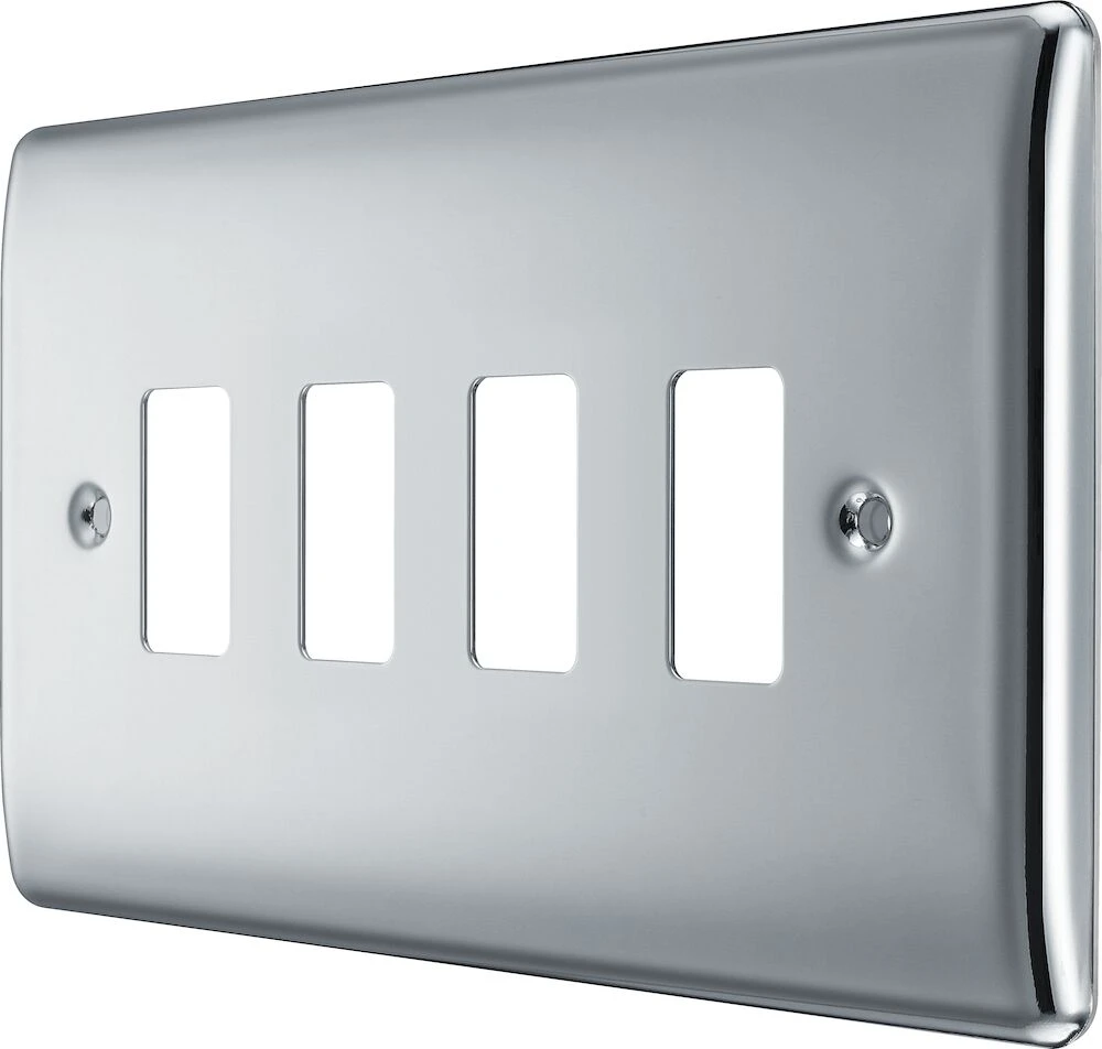 BG Grid Nexus Metal Rectangular Front Plate 4 Module, Polished Chrome