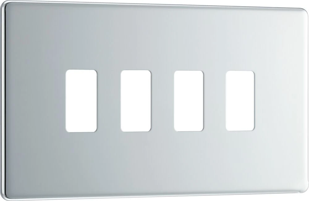 BG Grid Screwless Flatplate Rectangular Front Plate 4 Module, Polished Chrome