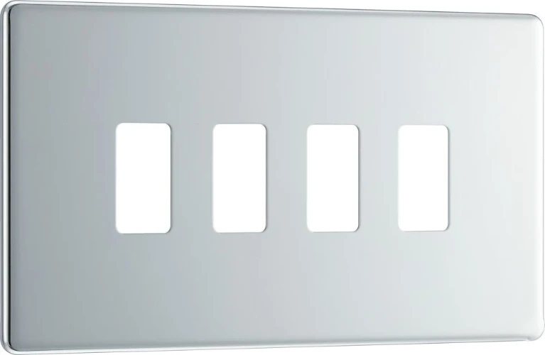 BG Grid Screwless Flatplate Rectangular Front Plate 4 Module, Polished Chrome