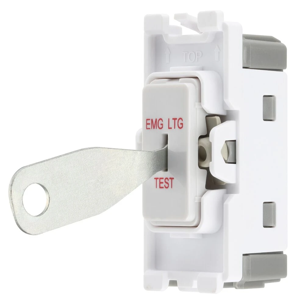 BG Grid 20A Secret Key Switch Module 2 Way, Single Pole, Printed EMG LTG TEST, White