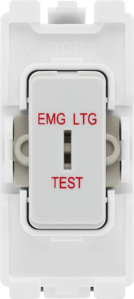 BG Grid 20A Secret Key Switch Module 2 Way, Single Pole, Printed EMG LTG TEST, White