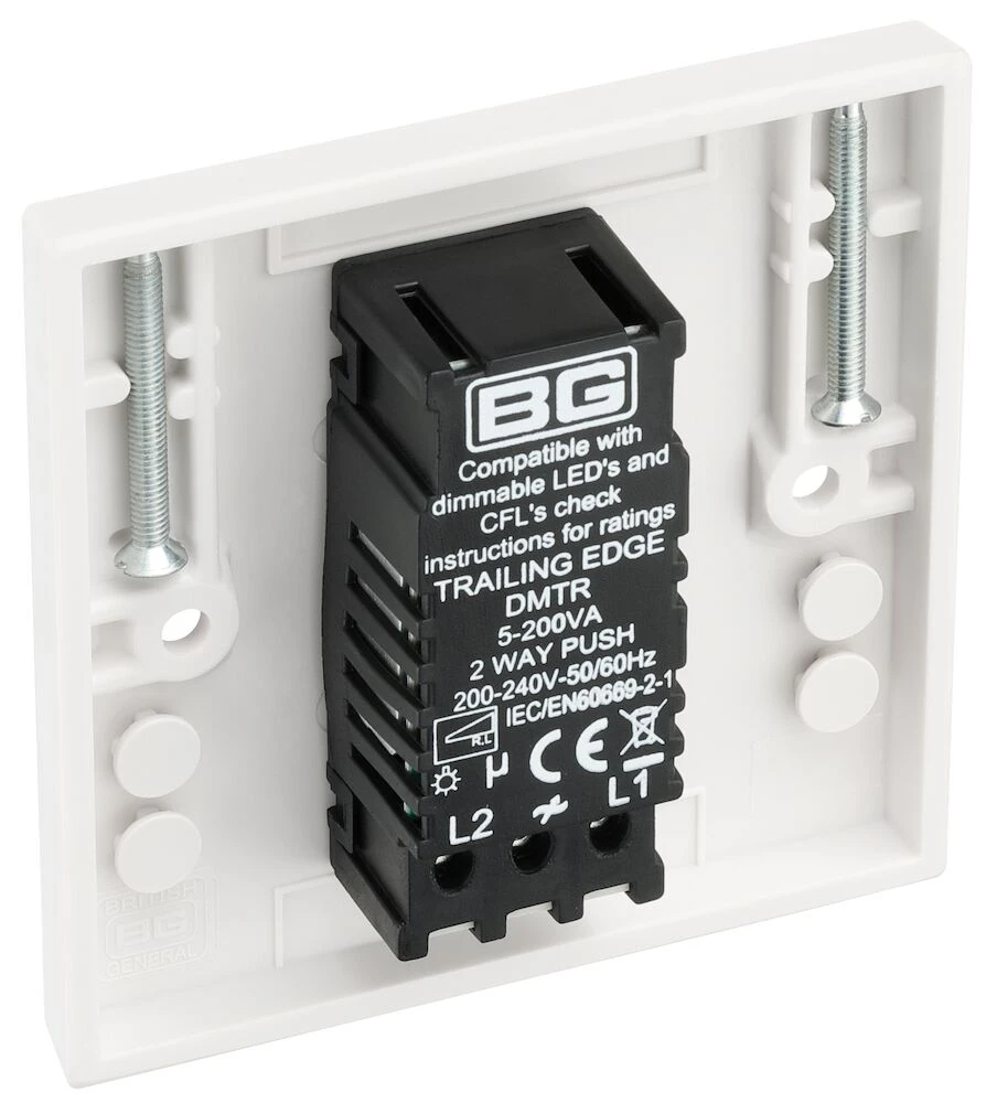 BG White Moulded Square Edge Single Dimmer Switch 2 Way, Trailing Edge 200W