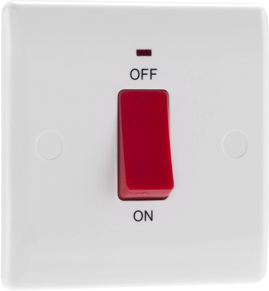BG Nexus Series White Moulded 45A Square Plate Double Pole Switch With LED Indicator