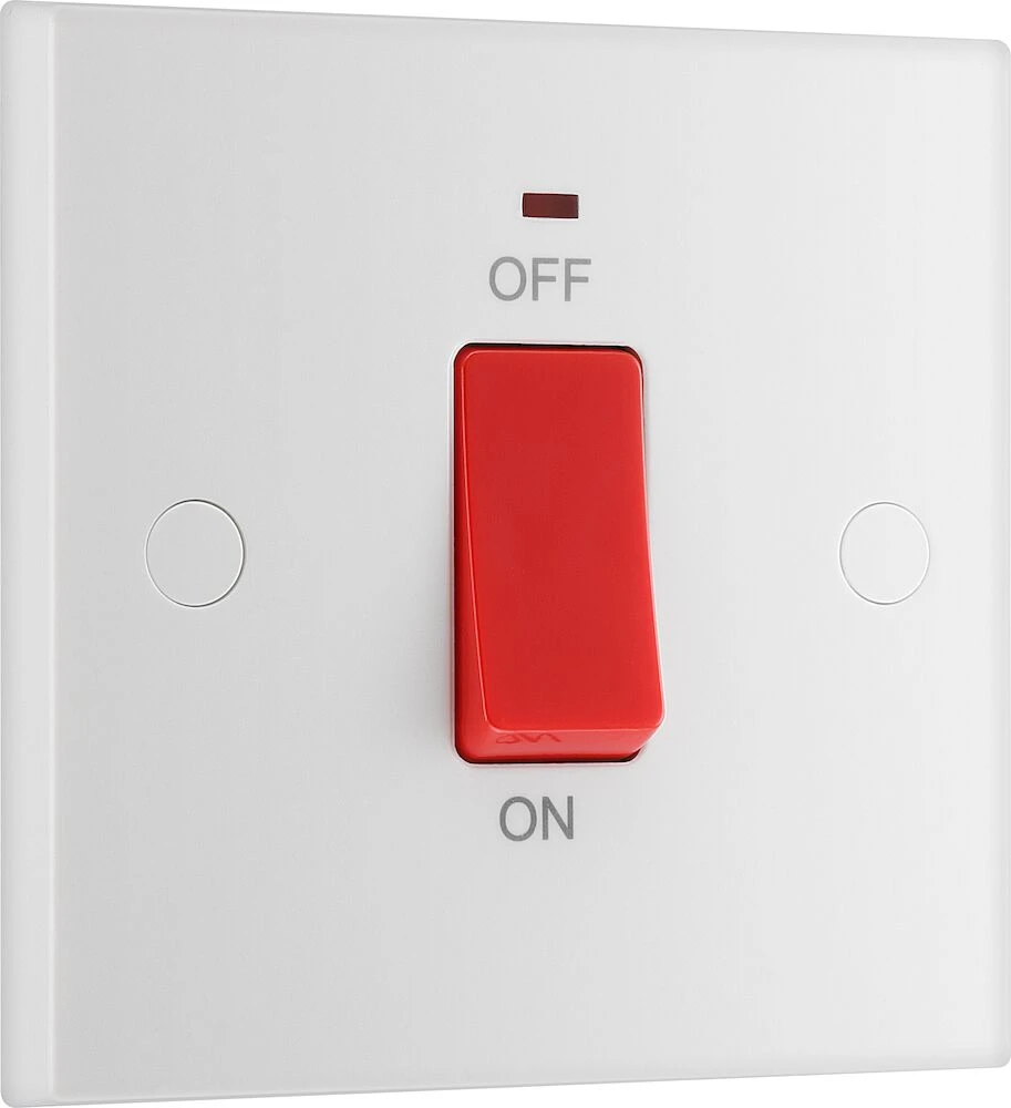 BG White Moulded Square Edge 45A Square Plate Double Pole Switch with LED Indicator