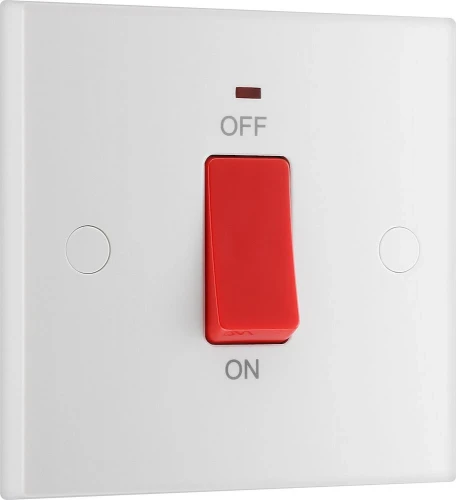 BG White Moulded Square Edge 45A Square Plate Double Pole Switch with LED Indicator