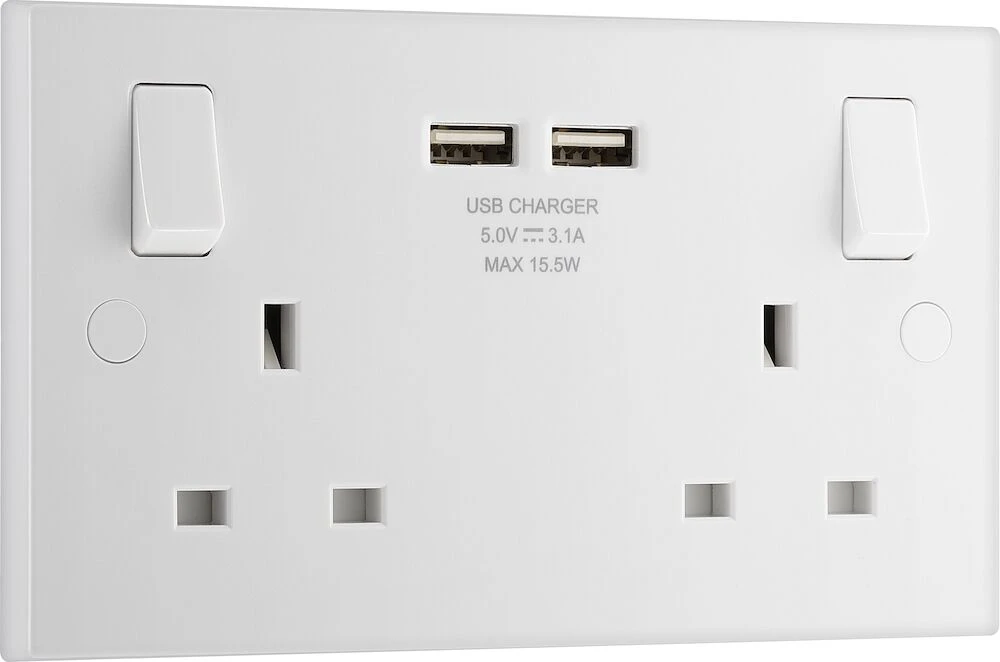 BG White Moulded Square Edge 13A Double Switched Socket with 2 x USB A (3.1A)