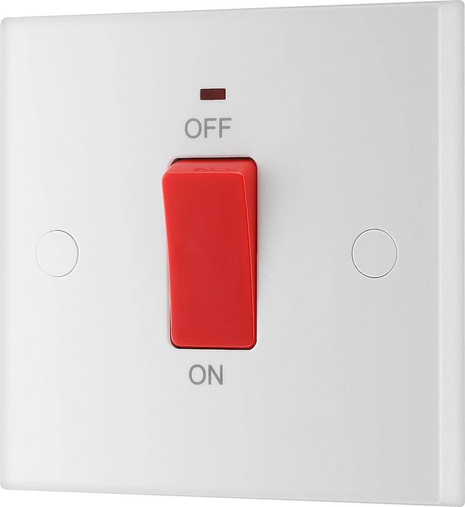 BG White Moulded Square Edge 45A Square Plate Double Pole Switch with LED Indicator