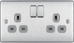 BG Nexus Metal Brushed Steel, 13A Double Switched Socket, Grey Inserts