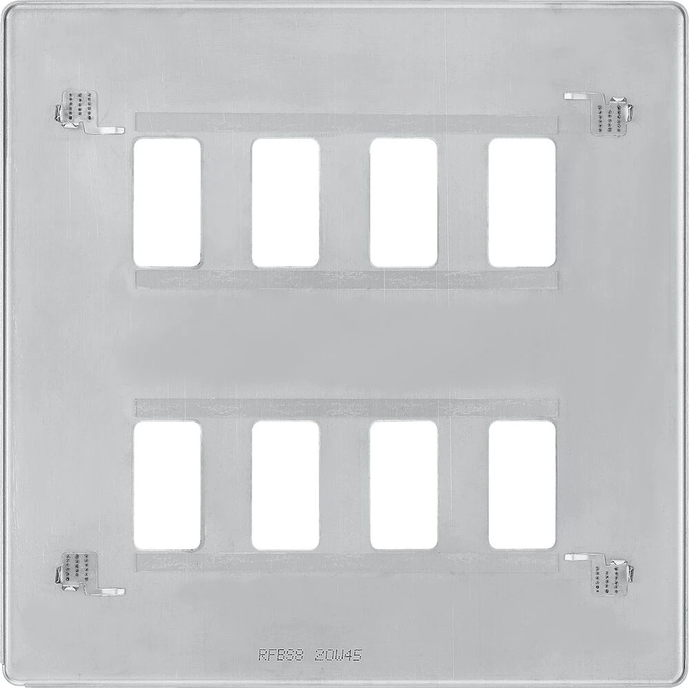 BG Grid Screwless Flatplate Square Front Plate 8 Module, Brushed Steel
