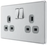 BG Screwless Flat plate Brushed Steel, 13A Double Switched Socket, Grey Inserts