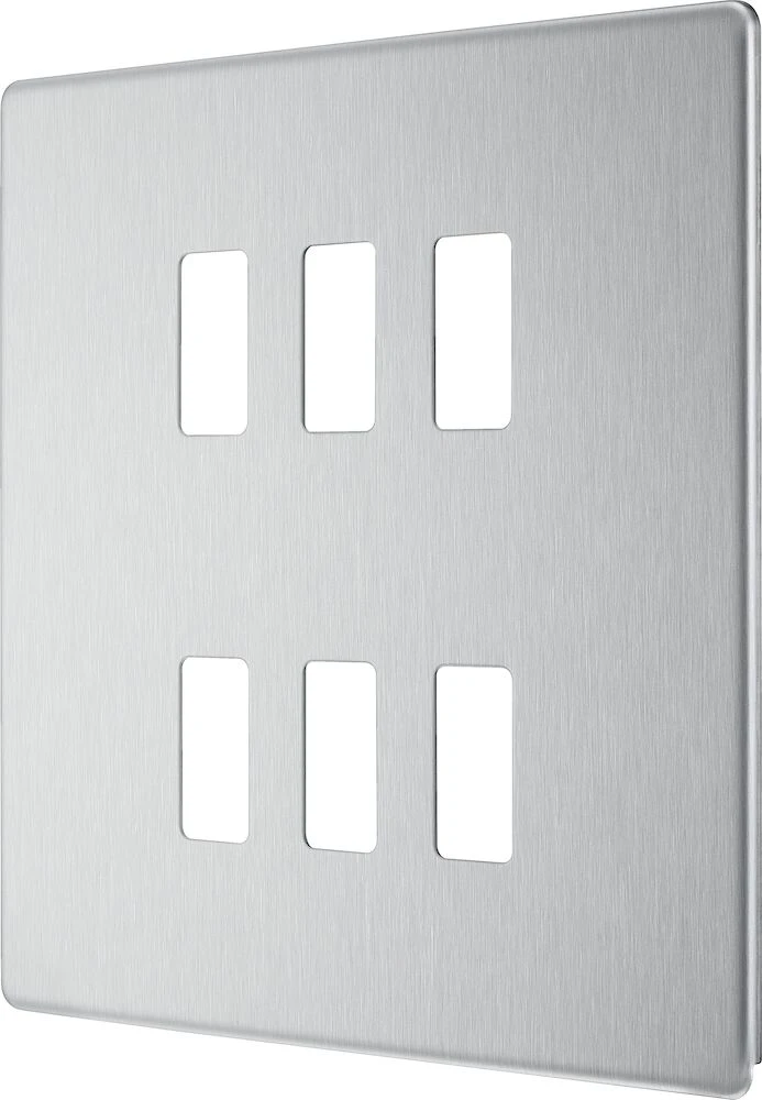 BG Grid Screwless Flatplate Square Front Plate 6 Module, Brushed Steel