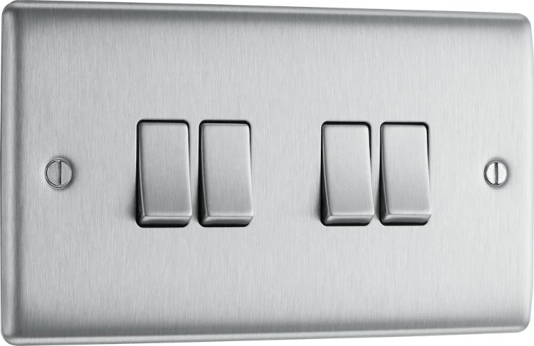 BG Nexus Metal Brushed Steel, 20A 16AX Quadruple Switch, 2 Way