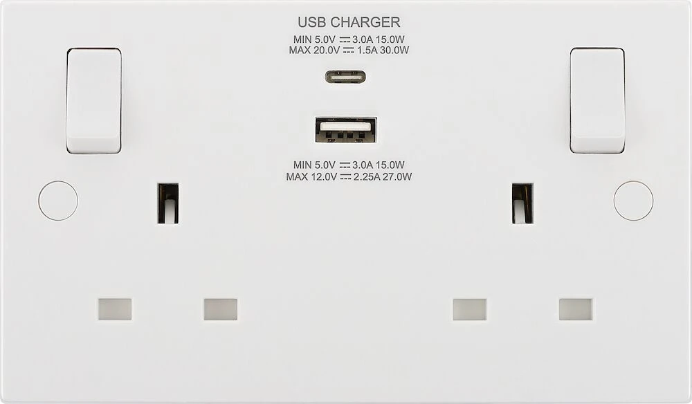 BG White Moulded Square Edge 13A Double Switched Socket with USB A + C 30W