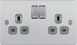 BG Screwed Flatplate, Brushed Steel, Double Switched 13A Power Socket