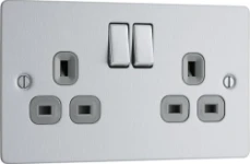 BG Screwed Flatplate, Brushed Steel, Double Switched 13A Power Socket