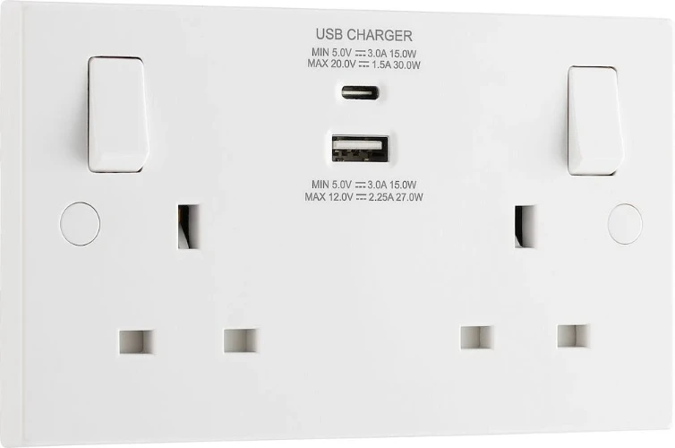 BG White Moulded Square Edge 13A Double Switched Socket with USB A + C 30W
