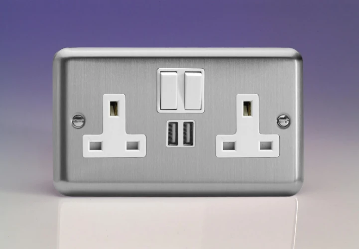 Varilight 2-Gang 13A Single Pole Switched Socket + 2x5V DC 2100mA USB Charging Ports Classic Matt Chrome with White Insert